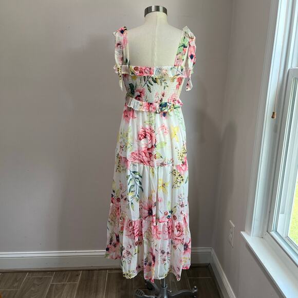 Flying Tomato Floral Maxi Dress Smocked Bodice Tie Straps Midi Sundress Sz L - Picture 9 of 10